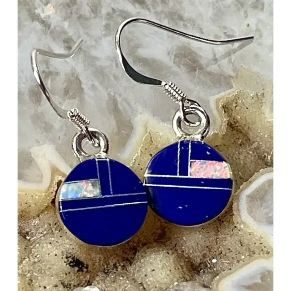 Navajo Sterling Silver Mosaic Opal Inlay Drop Earrings by Cheryl Martinez NEW